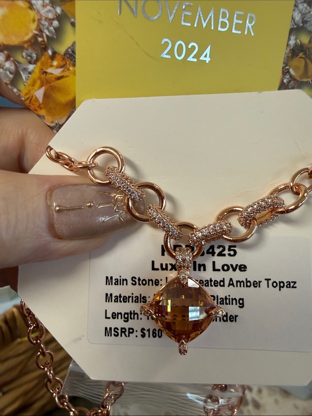 Lux In Love Rose Gold Necklace with Amber Topaz Pendant
